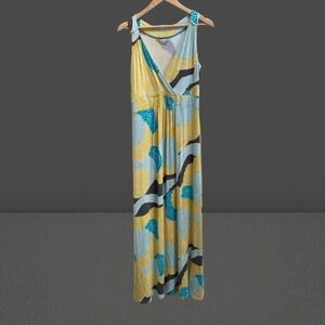 Boden Faux Wrap Jersey Maxi Dress Women's Sleeveless Yellow Blue US 10R